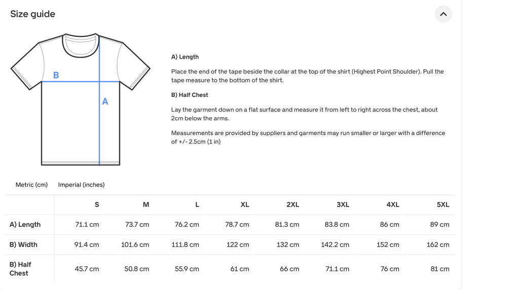 T Shirt size guide